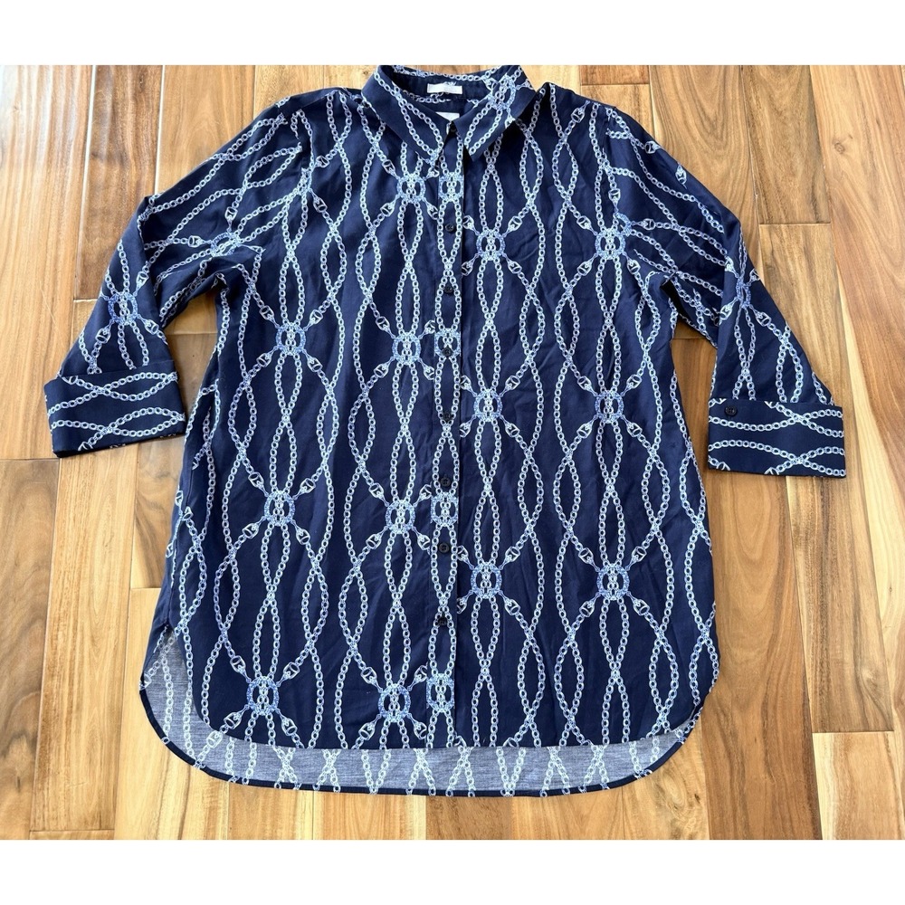 Chico's Blue Nautical Chain 3/4 Sleeve Button Shirt Size 3